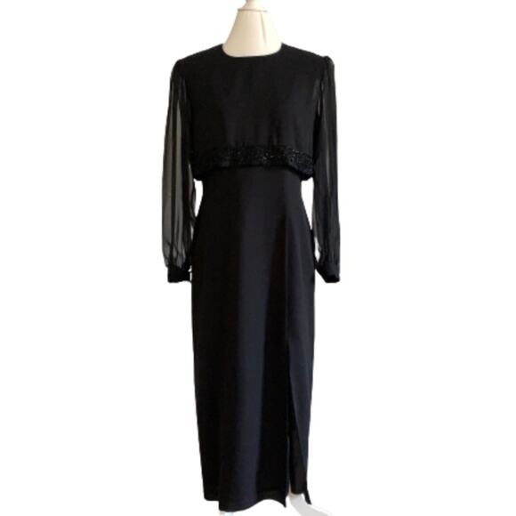 Jeffrey & Dara Dress by Linda Hutley Black Beaded Puff Sheer Sleeve Formal 10 - Picture 14 of 14